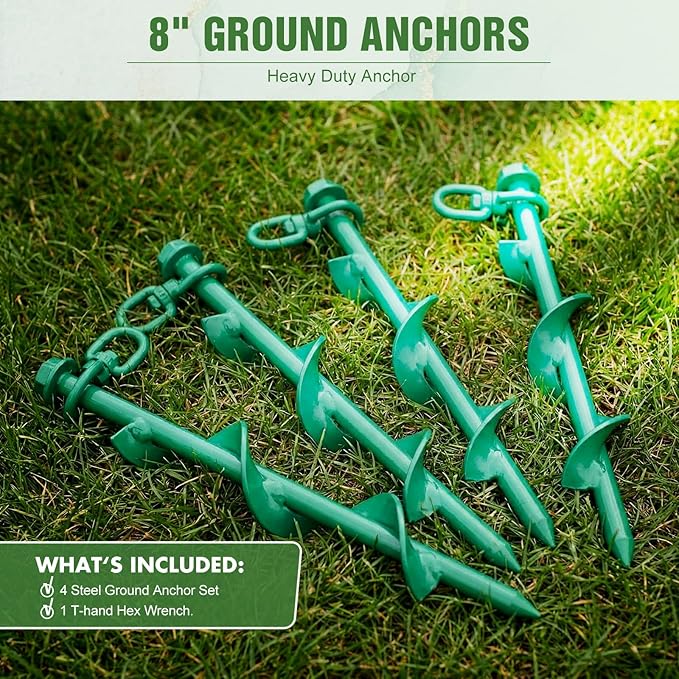 Hiboom 4 Pcs Ground Anchors with T Handle Hex Wrench Trampoline Hook, Ground Anchor Screw in Kit, Inflatable Outdoor Decorations Accessories for Camping Tents Car Ports Canopies (Green,8 Inch)