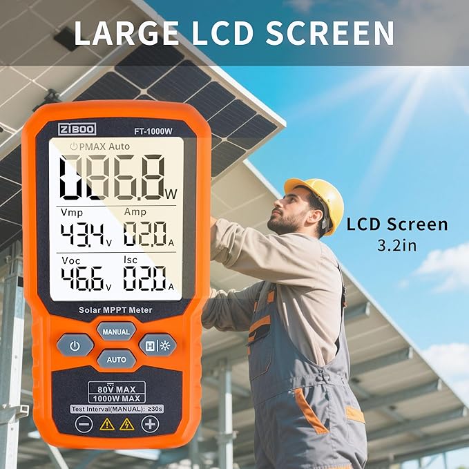 ZIBOO FT-1000W Solar Panel Tester MPPT Meter - 1000W Max Power, 80V/35A PV Module Tester for Voc/Isc, Open Circuit Voltage & Short Circuit Current, with Backlight & Data Hold