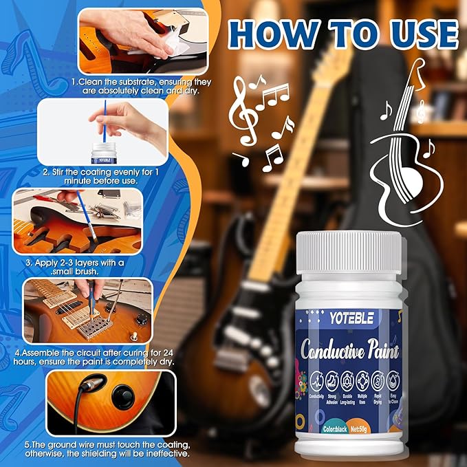 Guitar Shielding Paint, Conductive Paint, Noise Reduction, Reduces Hum, Excellent Adhesion, Water-based Formula for Guitar Cavity Shielding, Black, 50G（Resistivity: 10-90 ohms/cm）