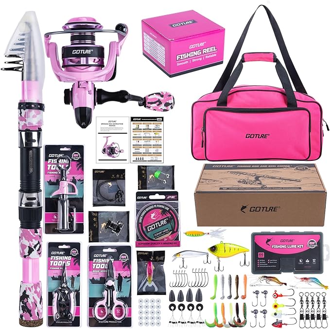 Goture Pink Fishing Rod and Reel Combo - ML Action Spinning Reel Pole with Pink Bag - Telescopic Rod Kit for Starter Travel Saltwater Freshwater, Gift for Woman