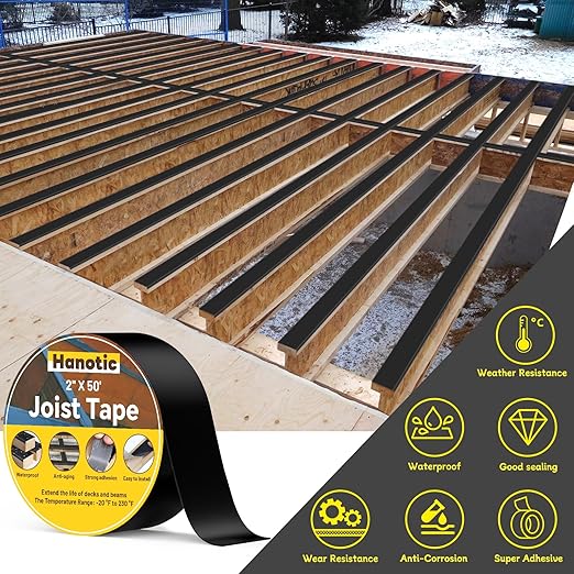 Joist Tape for Decking 2'' X 50', 6 Rolls Weather Resistance Butyl Tape, Waterproof and Anti-Corrosion, Self-Adhesive for Wood Joists Decks Beams Roof Extend Deck Life