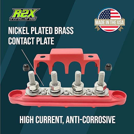 4 Post Power Distribution Block Bus Bar with Cover - Made in The USA - 250 Amp Rating - Marine, Automotive, and Solar Wiring (5/16" - Red)