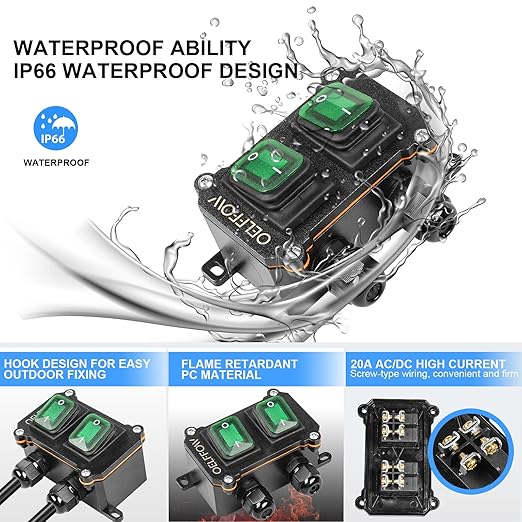 Waterproof On Off Toggle Switch Double Switch/Outlet with Green Light Rocker Button Inline Cord Switch DPST AC 20A-125V,16A-250V