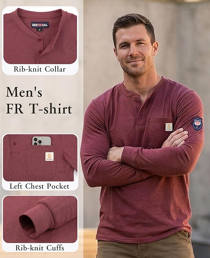 BOCOMAL FR Shirts Flame Resistant Shirt 5.5oz 100% Cotton Light Weight CAT2 Fire Retardant Henley Shirts