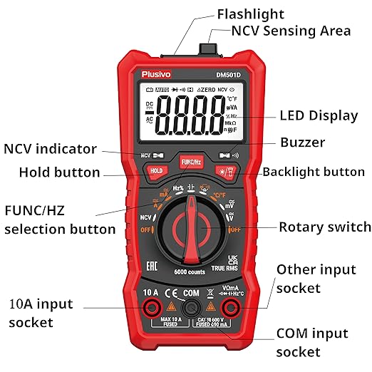 Multimeter 6000 Counts Digital Multimeter Auto Ranging TRMS AC DC Voltmeter Ohm Volt Amp NCV Diode Tester; Measures Voltage Current Resistance Temperature Frequency Buzzer with Test Leads, Probes