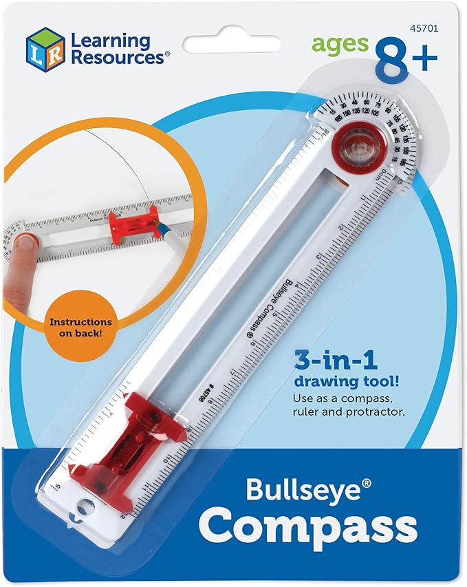 Learning Resources SAFE-T Bullseye Compass, Ruler, Protractor, Early Geometry, Math Class Accessories, Ages 8+