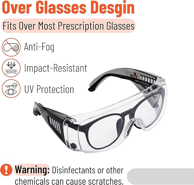 UNCO- Safety Goggles Over Glasses, Protective Goggles, Anti Fog, Work, Safety Glasses Over