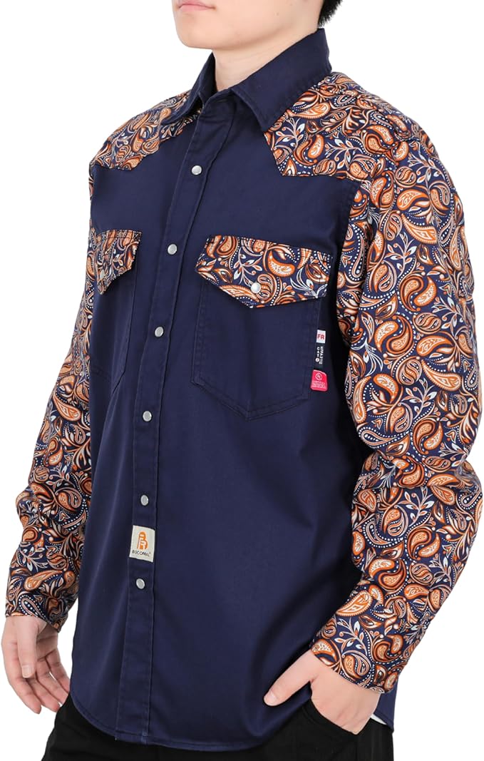 BOCOMAL FR Shirts Pearl Snaps Two Tone Plaid/Solid Flame Resistant Cotton Welding Shirt NFPA 2112 CAT 2
