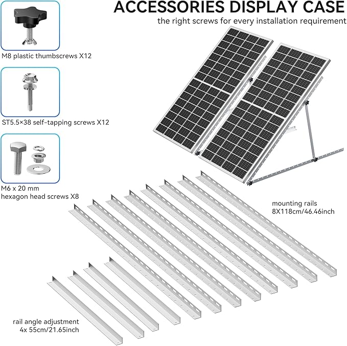 Upgraded 47in 2 Sets Adjustable Solar Panel Tilt Mount Brackets, Foldable Tilt Legs, Support 100 200 300 400 500 Watt Solar Panels 4-8Pcs, Solar Panel Stand for Roof, Off-Grid, RV and Boat