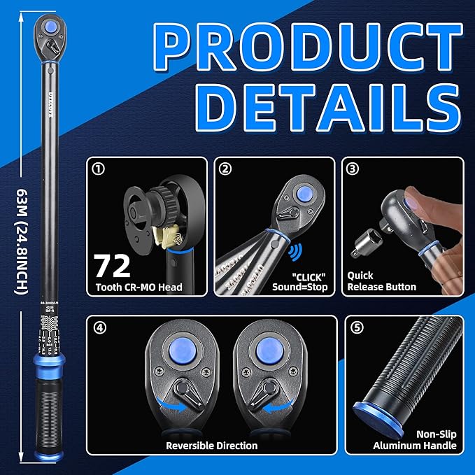 1/2-Inch Drive Click Torque Wrench, Dual-Direction Click Professional Torque Wrench 40-300FT.LB/54.2-406.8N.M, Dual Range Scales Graduated in FT.LB and N.M, Blue