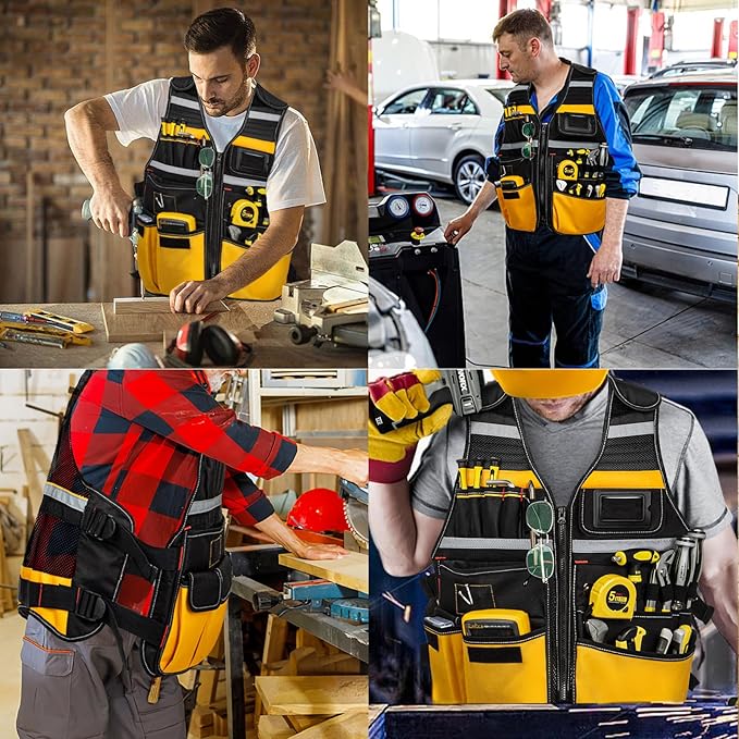 Electrician Tool Vest, Tool Vest for Men, Tool Vest Electrician with Drill Holster, 17 Storage Spaces, 1680D Heavy Duty Adjustable Work Vest with Reflective Strips, Yellow