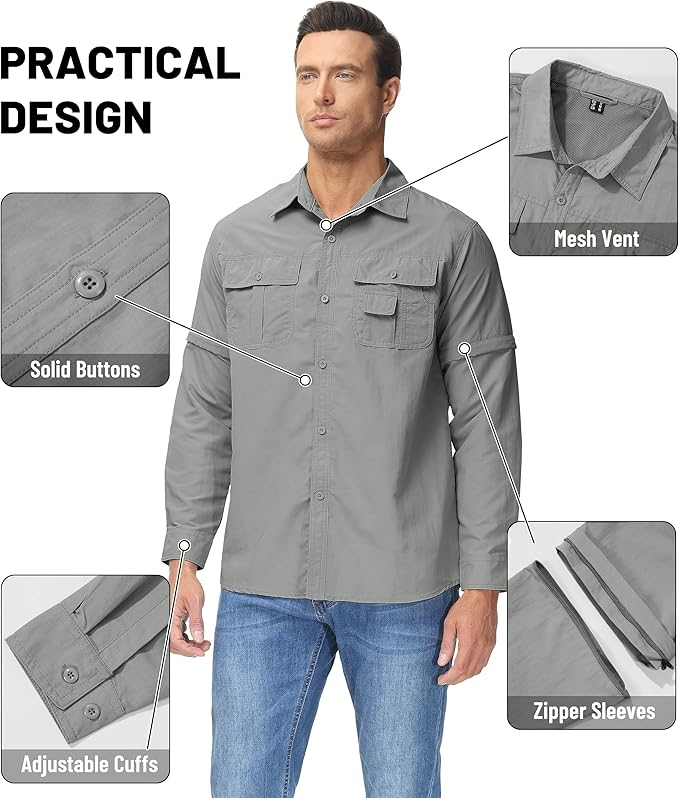 TACVASEN Men's Convertible Long Sleeve Fishing Shirts Lightweight Quick Dry Button Up Tactical Sun Shirts for Safari Hiking