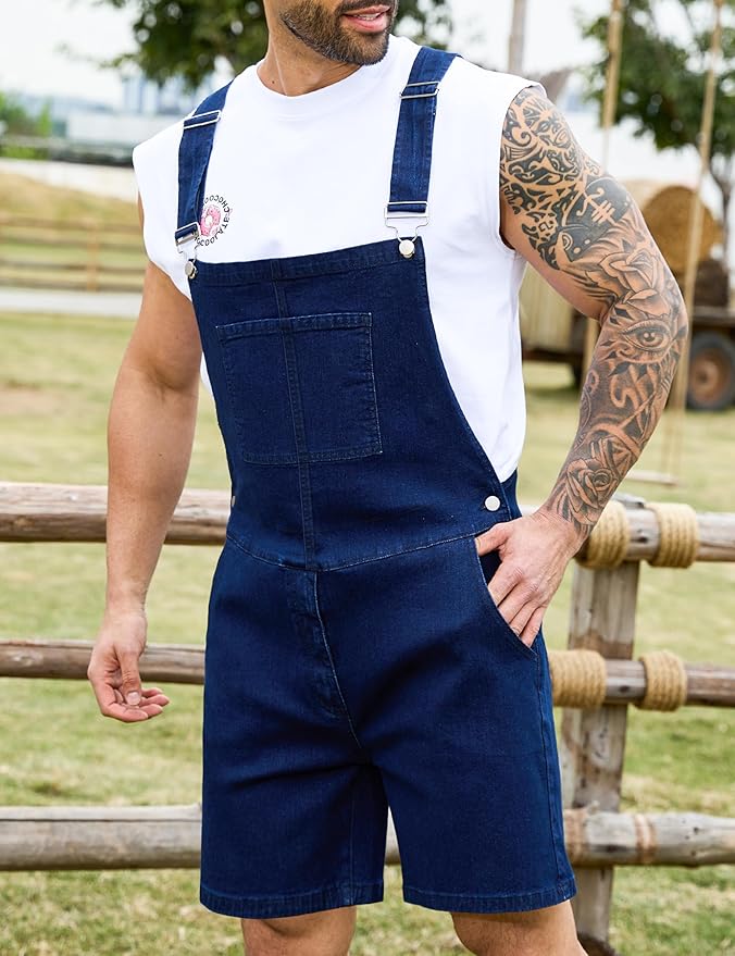 Bindefon Denim Overalls for Men Jean Shorts Jumpsuit Work Bibs Coveralls with Zipper