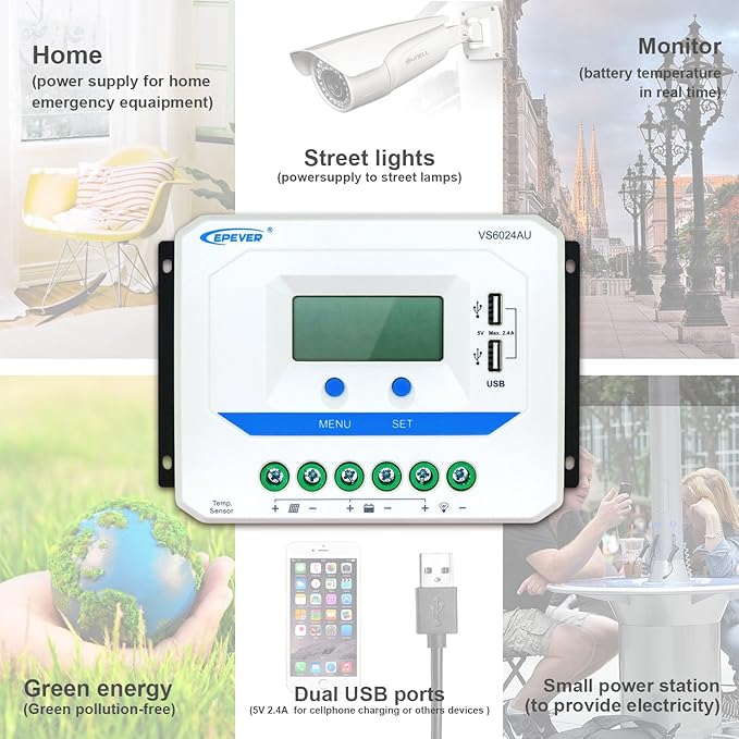 EPEVER Solar Charge Controller 60A 12V/24V Auto Work VS6024AU with Dual USB Ports Solar Panel Battery Regulator LCD Display for Solar System (60A)