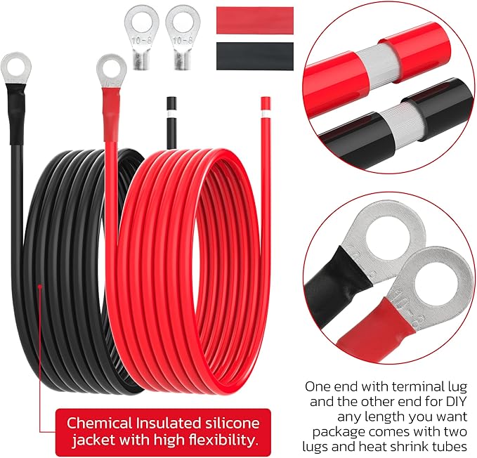 8 AWG Battery Cables 8 Gauge Solar Panel Wire Tinned Copper Extension Cable with 5/16'' Lugs for RV Solar Panel Car Automotive (8AWG 10FT)