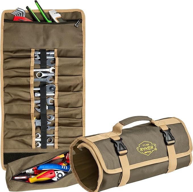The Ryker Bag Wrench Roll Up Heavy-Duty Canvas Tool Organizer, Tool Roll Organizer Gifts for Dad Roll-Up Tool Bag w/Multiple Pockets for Wrenches, Sockets & Hand Tools for Mechanics & Electricians