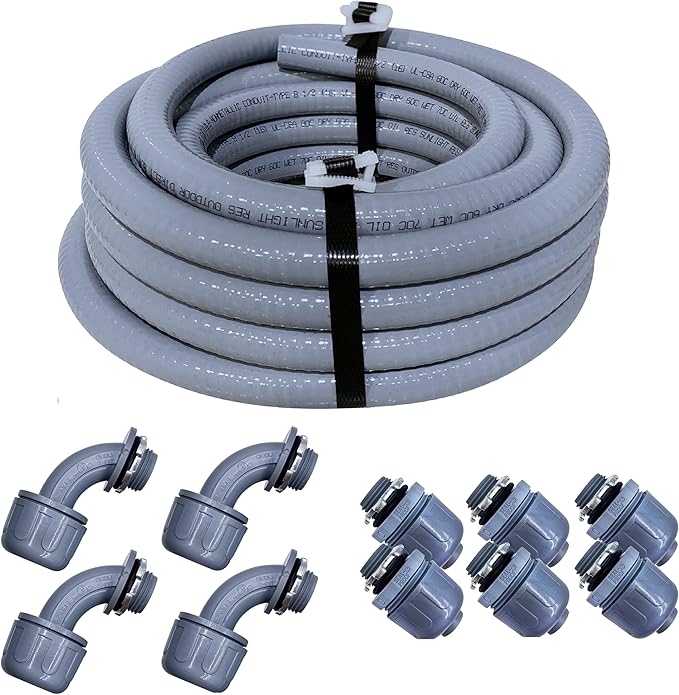 Sealproof 3/4-Inch Non-metallic Liquid-Tight Conduit and Connector Kit, 100 Foot Made in USA Flexible Electrical Conduit Type B with 6 Straight and 4 90-Degree Conduit Connector Fittings, 0.75" Dia