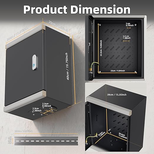 Joinfworld Outdoor Electrical Metal Box 15.7" x 11.8" x 7.8" Weatherproof Outdoor Junction NEMA Enclosure Box with Lock Din Rail Cable Gland