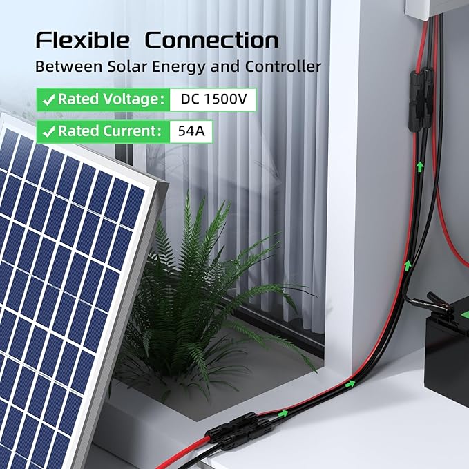 Bateria Power 20 Feet 10AWG Solar Panel Extension Cable, 6mm² Twin PV Wire Conductor Parallel Solar Wire Adapter Kit with Waterproof Female & Male Solar Connectors for RV (Both Ends Installed)