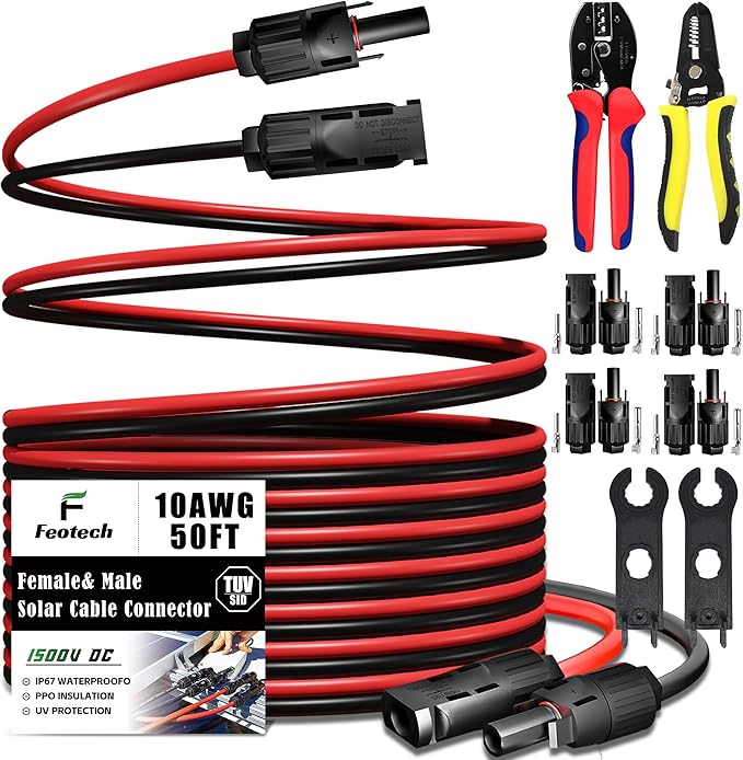 Twin Wire 50FT Solar Extension Cable - 10AWG (6mm²) Solar Panel Connector, with IP67-Male/Female Solar connectors for Outdoor Automotive RV Boat Marine Solar Panel- Black & Red