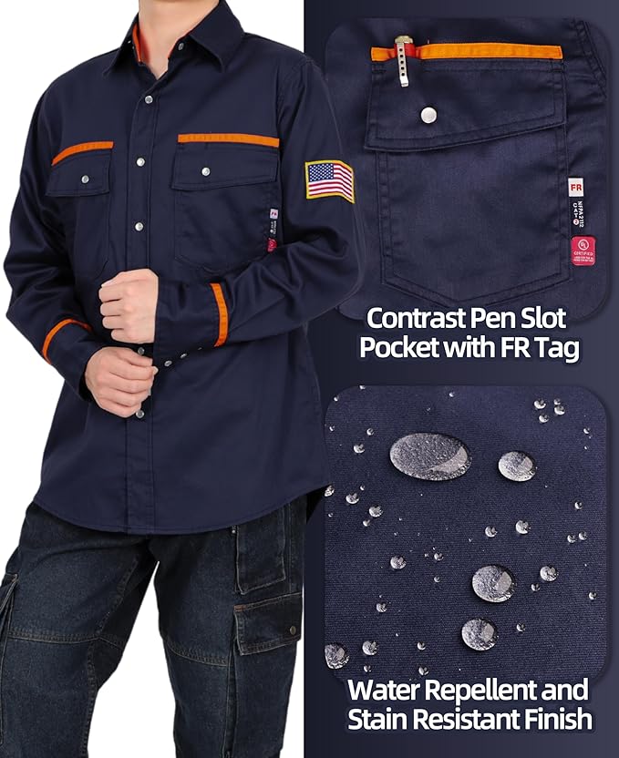 BOCOMAL FR Shirts for Men Flame Resistant Light Weight NFPA2112 Fire Retardant Welding Shirt Water & Oil Repellent Finish