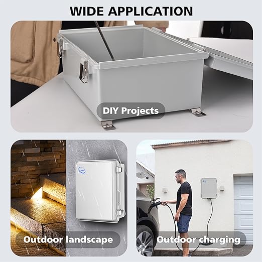 Waterproof Outdoor IP67 Junction Box (8.7"x6.7"x4.3") with Mounting Plate, Hinged Grey Cover and Wall Brackets - Weatherproof ABS Plastic Electrical Enclosure for DIY Projects (220x170x110mm)