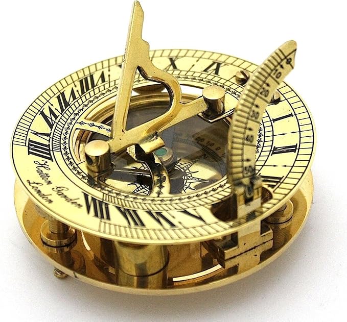 THOR INSTRUMENTS Solid Brass Sundial and Compass in Hardwood Box - Polished Brass Sundial Compass Rustic Vintage Home Decor Gifts