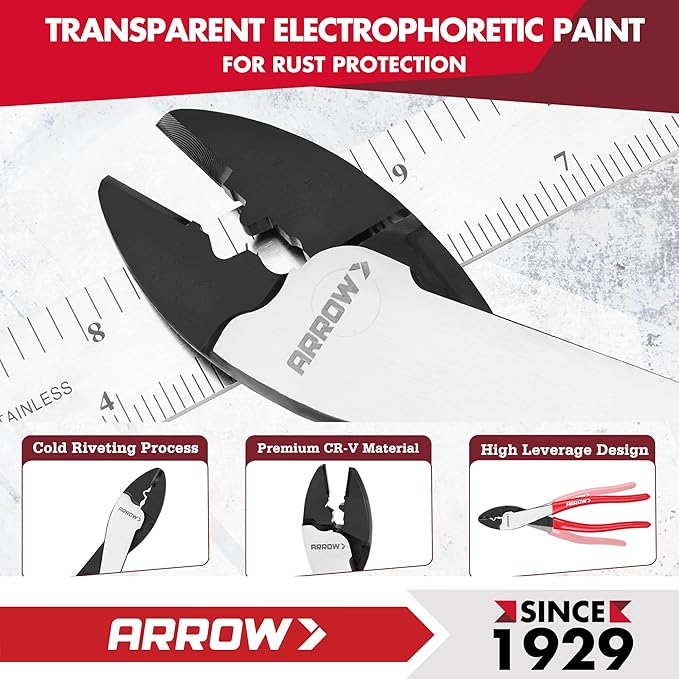 ARROW 9.5" Wire Crimper/Cutter, Wire Crimping Tool with Thick Dip-Grip Handle, CR-V Steel, Crimper Tool Electrical for 10–22 AWG Insulated & Non-Insulated Terminals and Connectors (Pack of 2)