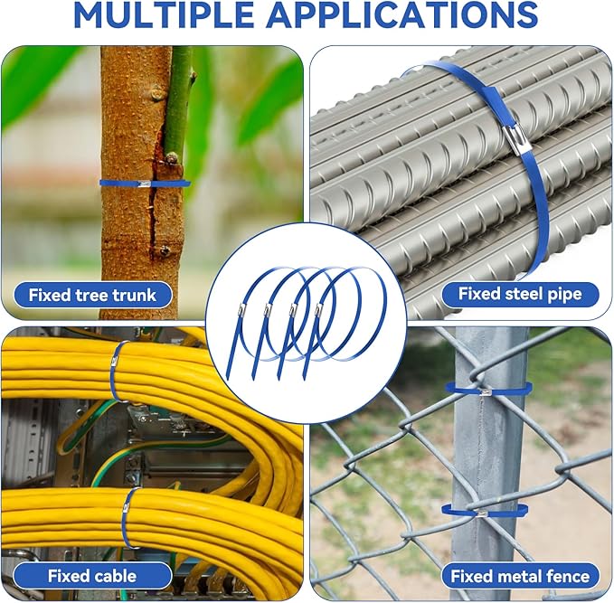 Blue Metal Zip Ties Heavy Duty 11.8 inch for Outdoor Use, Stainless Steel Epoxy Coated Cable Chain Link Fence Zip Ties, Durable Metal Wire Ties Strap UV Resistant