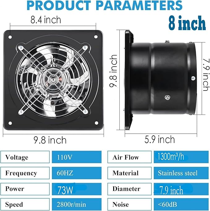 Exhaust Fan 78W Through-wall installation Ventilation Fans 110V Exhaust Fan with Plug 8 inch Exhaust Smoke Fan with Light Weight Pure Copper Motor for Kitchen Bathroom (Black)
