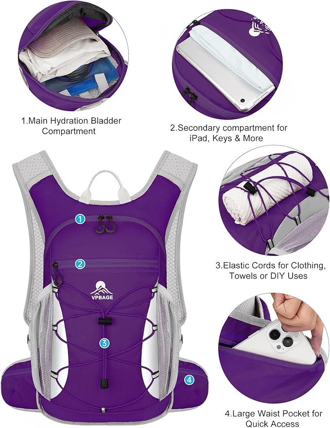 Hydration Backpack with 2L Water Bladder - Lightweight 15L Daypack with Phone-Sized Hip Belt Pockets, Anti-Chafe Cotton Edging & No-Bounce Straps - Small Water Backpack for Hiking, Running, Skiing