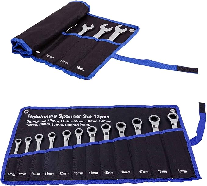 Qnkaa Ratchet Spanner Set Combination Wrench 12 Piece Metric Sizes from 8mm to 19mm with Roll Bag, Perfect for Home, Bike, Car Repairs