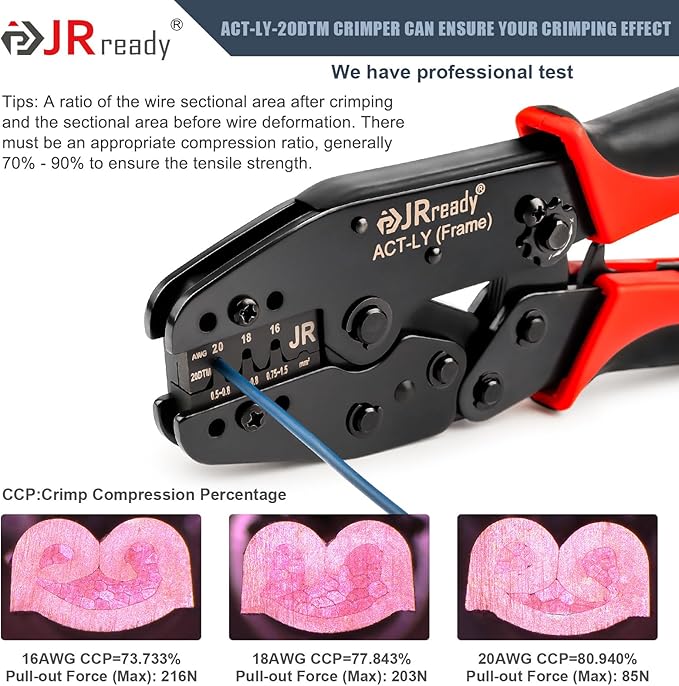 JRready Deutsch Crimping Tool Open Barrel Size 20 - ACT-LY-20DTM Crimper 16-20AWG for deutsch Connector Kit Stamped Formed Contacts ECU Sensor EFI Wiring, Automotive, Marine