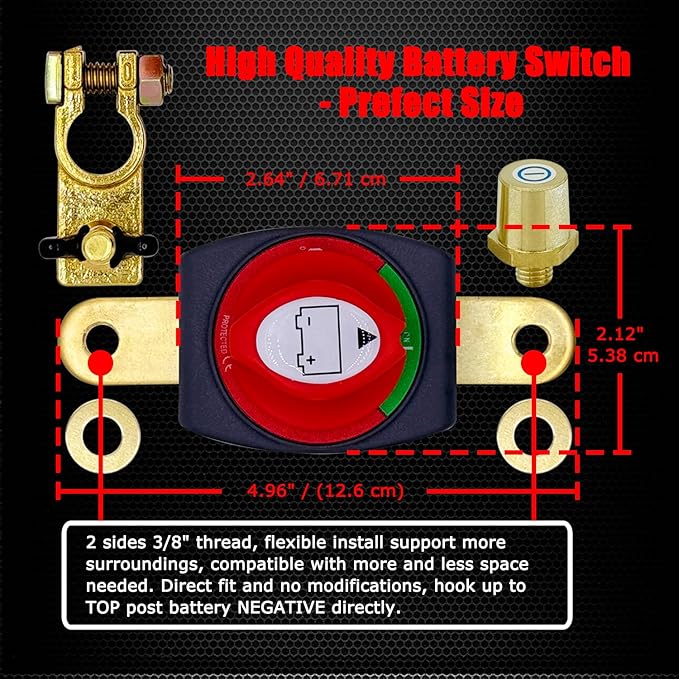 Ampper Top Post Battery Disconnect Switch 12V - 48V, Marine Battery Switch Disconnect Power Cut Off with Battery Terminal for Car RV Boat (Negative, On/Off)