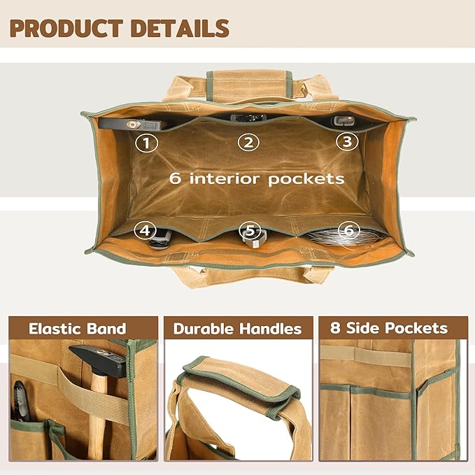 Heavy-Duty Waxed Canvas Tool Tote Bag – Large Capacity Tool Organizer with 14 External Pockets & Padded Handle | Durable Storage Tote for Contractors, Electricians & DIY (16.5" x 7" x 12", Khaki)