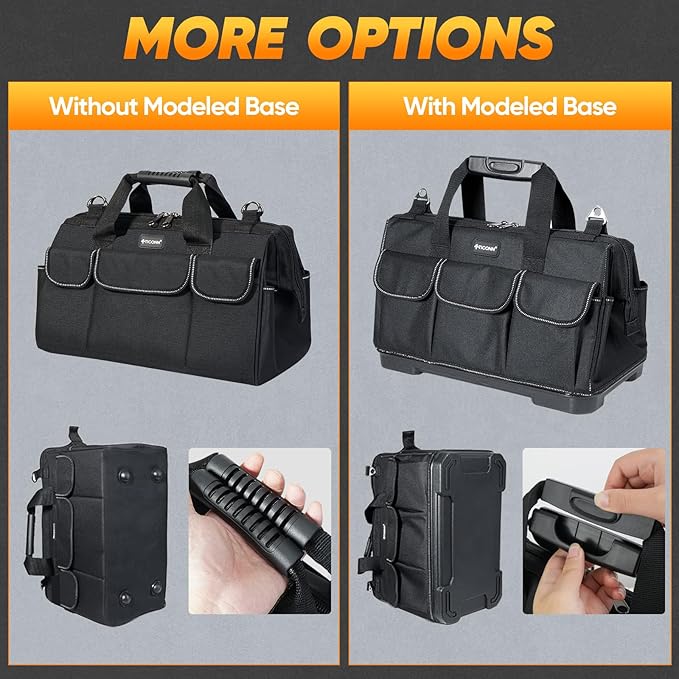 TICONN Heavy Duty Tool Bag with Multi-Pockets, Portable Tool Box Organizer Storage Bag, with Adjustable Shoulder Strap and Ergonomic Handle (Black, 16" Molded Base)