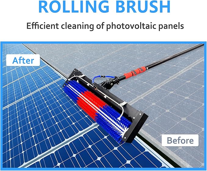 Solar Panel Cleaning Roller Brush, 24FT Adjustable Window Cleaning Brush and Pole, Automatic Solar Panel Brush, Rotating Cleaning Brush, Wash Brush with Lithium Battery and Power Converter