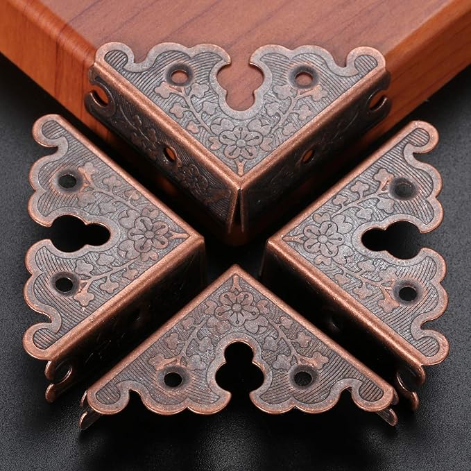 dophee 4Pcs Decorative Corner Protectors, Retro Style Edge Safety Guards Covers for Picture Frame Album Jewelry Box Gift Box Wooden Case Chest Tables Cabinet Furniture, 1.34"x1.34"-Red Copper