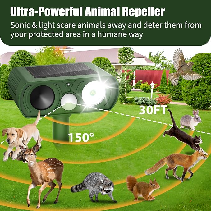 Solar Ultrasonic Animal Repellent, Deer Repellent Devices Waterproof, Cat Repellent Outdoor with Motion Detection Squirrel Skunk Rabbit Dog Raccoon Deterrents Animal Repeller for Yard, 1 Pack, Green
