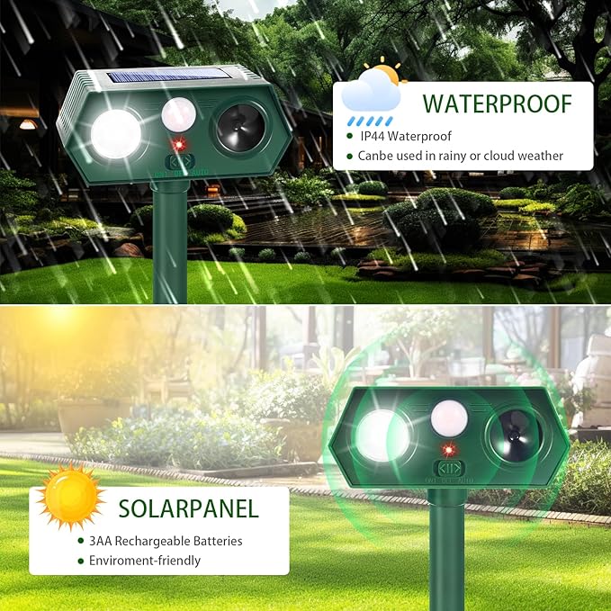 2026 Upgraded Solar Ultrasonic Animal Repeller Deer Repellent Devices with Motion Sensor & LED Strobe Cat Deterrent Outdoor to Keep Away Squirrel Rabbit Raccoon Dog for Yard, Lawn, Garden 4 Pack