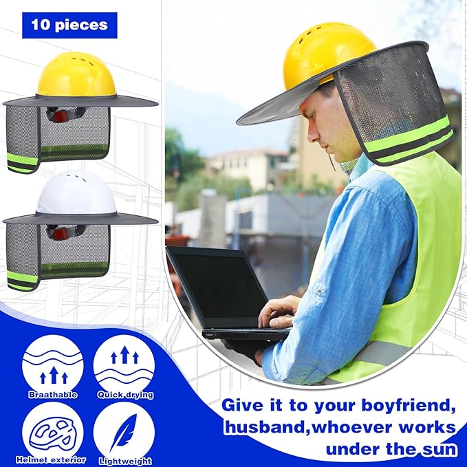 Vicenpal 10 Pcs Hard Hat Shade Full Brim, High Visibility Sun Visor Neck Shade with Reflective Strip, Hard Hat Accessories for Men Women Construction Use(Grey)
