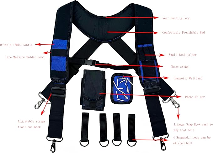 Tool Belt Suspenders for Work Belt Heavy Duty Padded with Magnetic WristBand Attachment Loops for Men