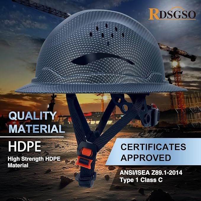 Full Brim Industrial Safety Helmet ANSI/ISEA Z89.1 Type I Class C Certified Hard Hats 6-Point Suspension Lightweight Vented for Construction, Logging, Outdoor Work RGS-B6
