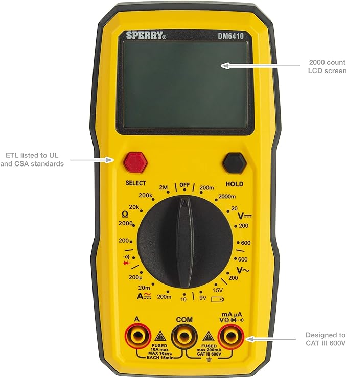 Sperry Instruments DM6410 8 Function Digital Multimeter, Yellow