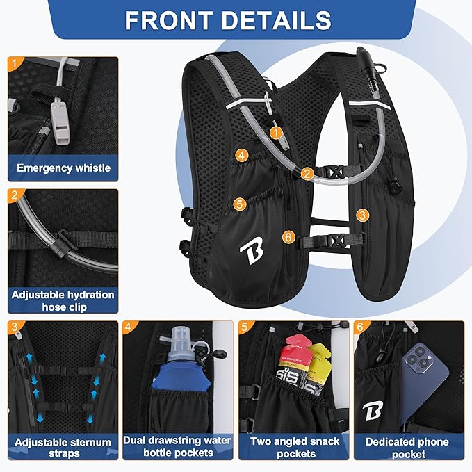 Running Vest Hydration Backpack for Men Women, 5L Lightweight Running Backpack Hydration Pack for Marathon, Trail, Cycling, Hiking, Jogging