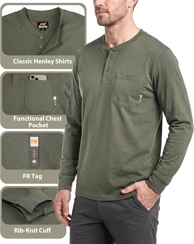 KONRECO FR Shirts for Summer Flame Resistant Shirt 5.5oz Light Weight CAT2 Henley Shirts