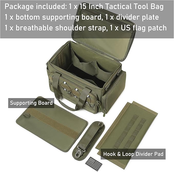 15-Inch Tool Bag Multi-purpose Tool Organizer Bag For Men with Shoulder Strap, Tactical Range Bag Work Tote for Repairman, Carpenters, Handymen (Army Green)