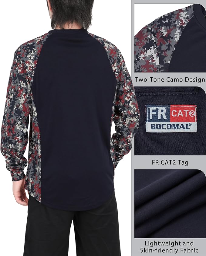 BOCOMAL FR Shirts Crewneck 5.5oz Lightweight Cotton Paisley Camo Two-Tone Flame Resistant Long Sleeve CAT2 Work Shirt