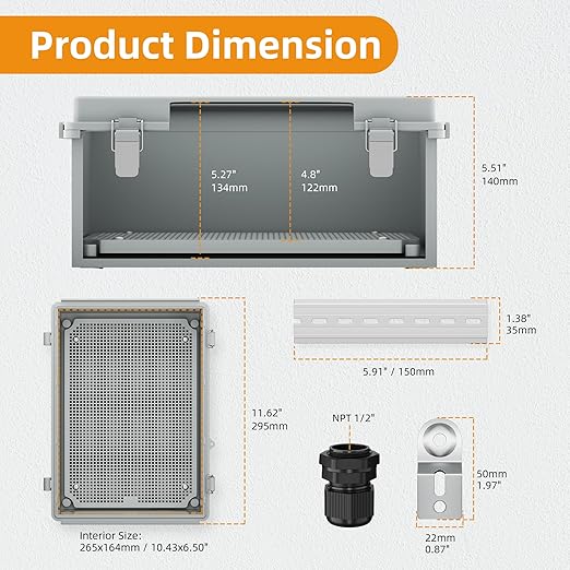 Joinfworld Waterproof Box for Electronics Outside 11.4x7.5x5.5 Outdoor Weatherproof Electrical Box Plastic Weather Proof Nema 4 Enclosure
