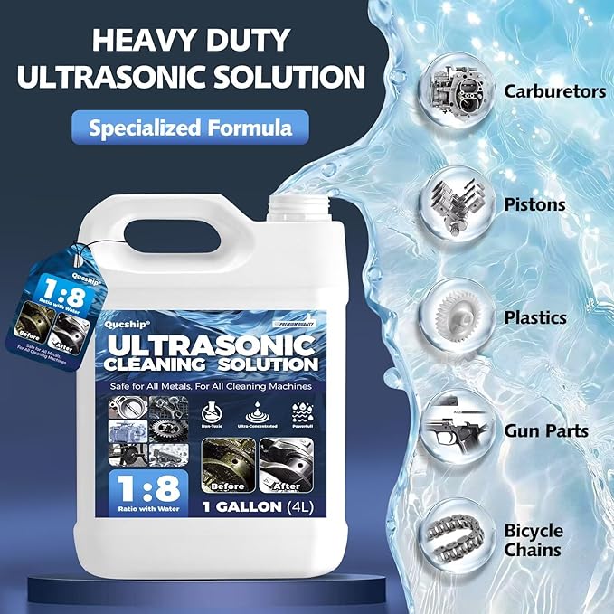 Qucship Makes 9 Gallons Concentrated Ultrasonic Cleaner Solution - Safe for All Metals Ultrasonic Carburetor Cleaner, Ultrasonic Cleaning Solution for Engine Parts, Removes Dirt & Grease (1Gallon)